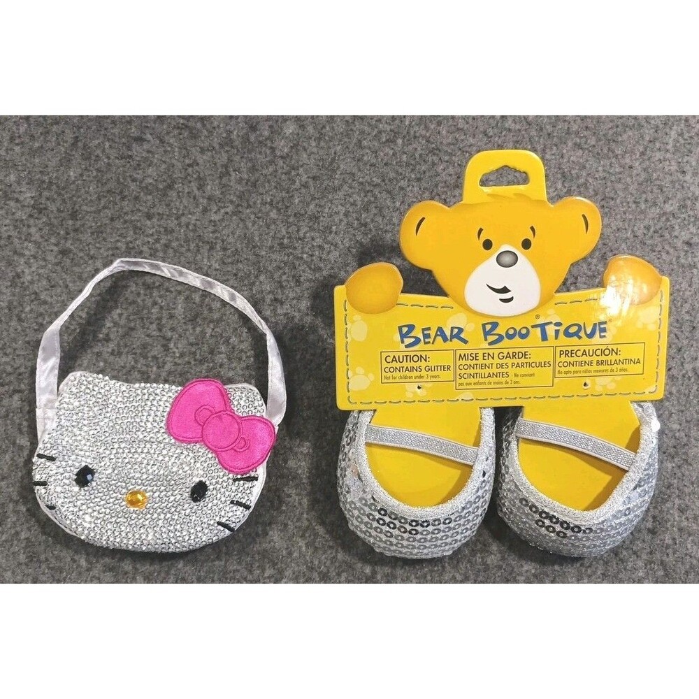 Build A Bear Hello Kitty Silver Iridescent Sequin Sanrio Bag Purse Bow/ Sandals